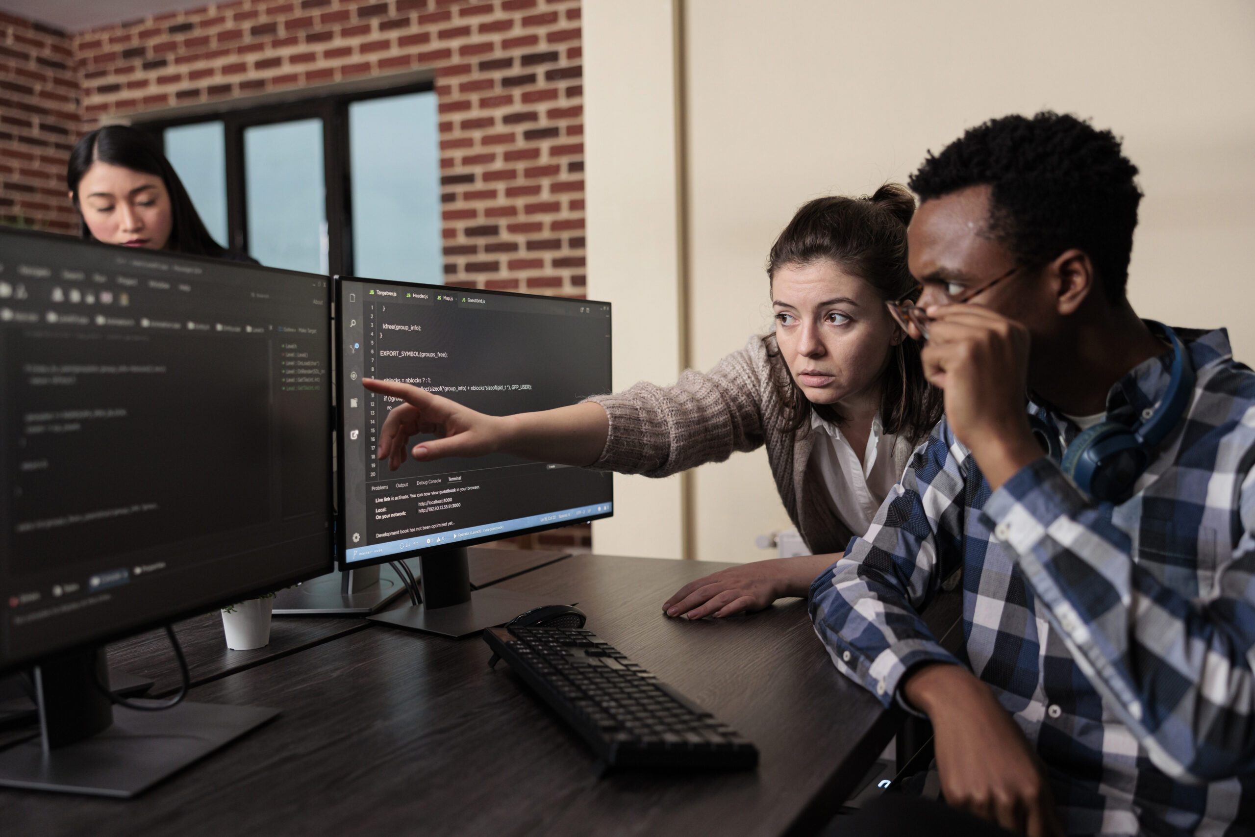 caucasian software developer signaling screen data breach deactivated security system tech engineer observing multiple system security breaches caused by overloaded storage servers scaled