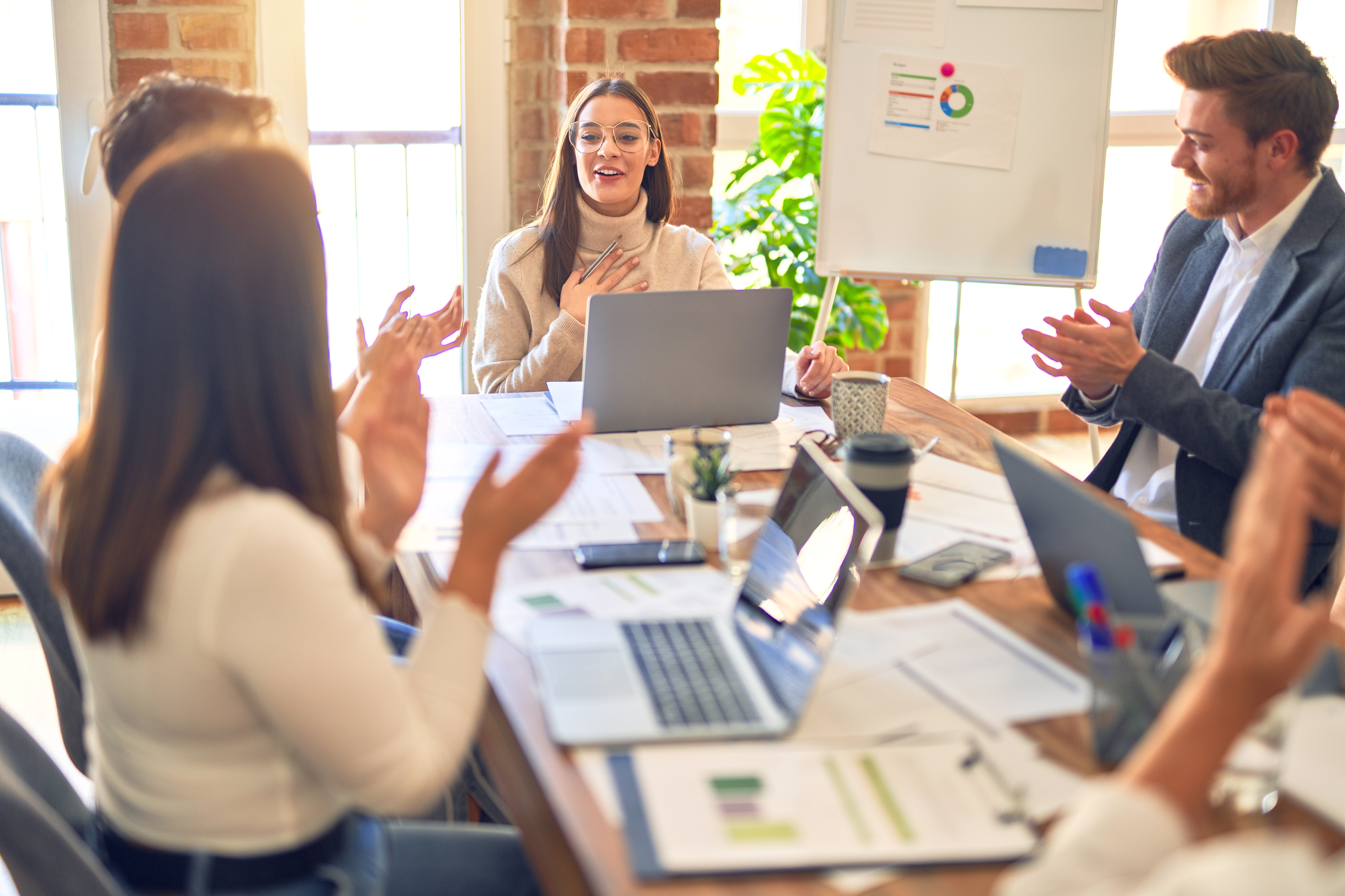 group business workers smiling happy confident working together with smile face applauding one them office